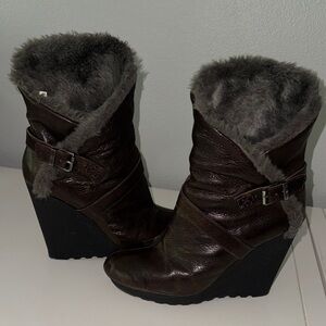 Brown Leather Wedge Boots with Fur Lining
